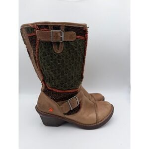 Art Company Womens 617 Patchwork Knit Leather Mid Calf Boots Tan Multi Size 39